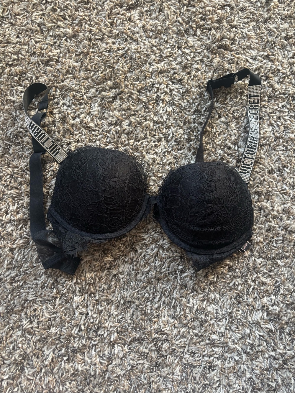 Victoria's Secret Black Lace Push-Up Bra with Rhinestone Logo Straps